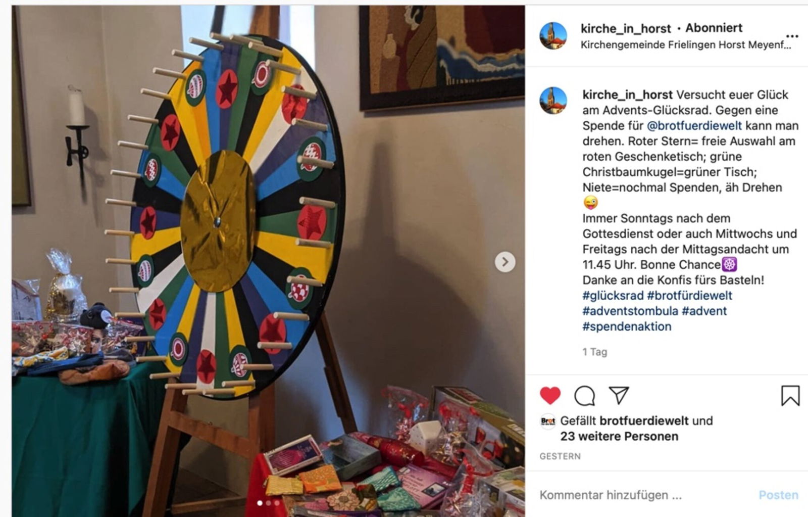 In Horst wird zur Adventszeit für einen guten Zweck das Glücksrad gedreht. Foto: Instagram @kirche_in_horst