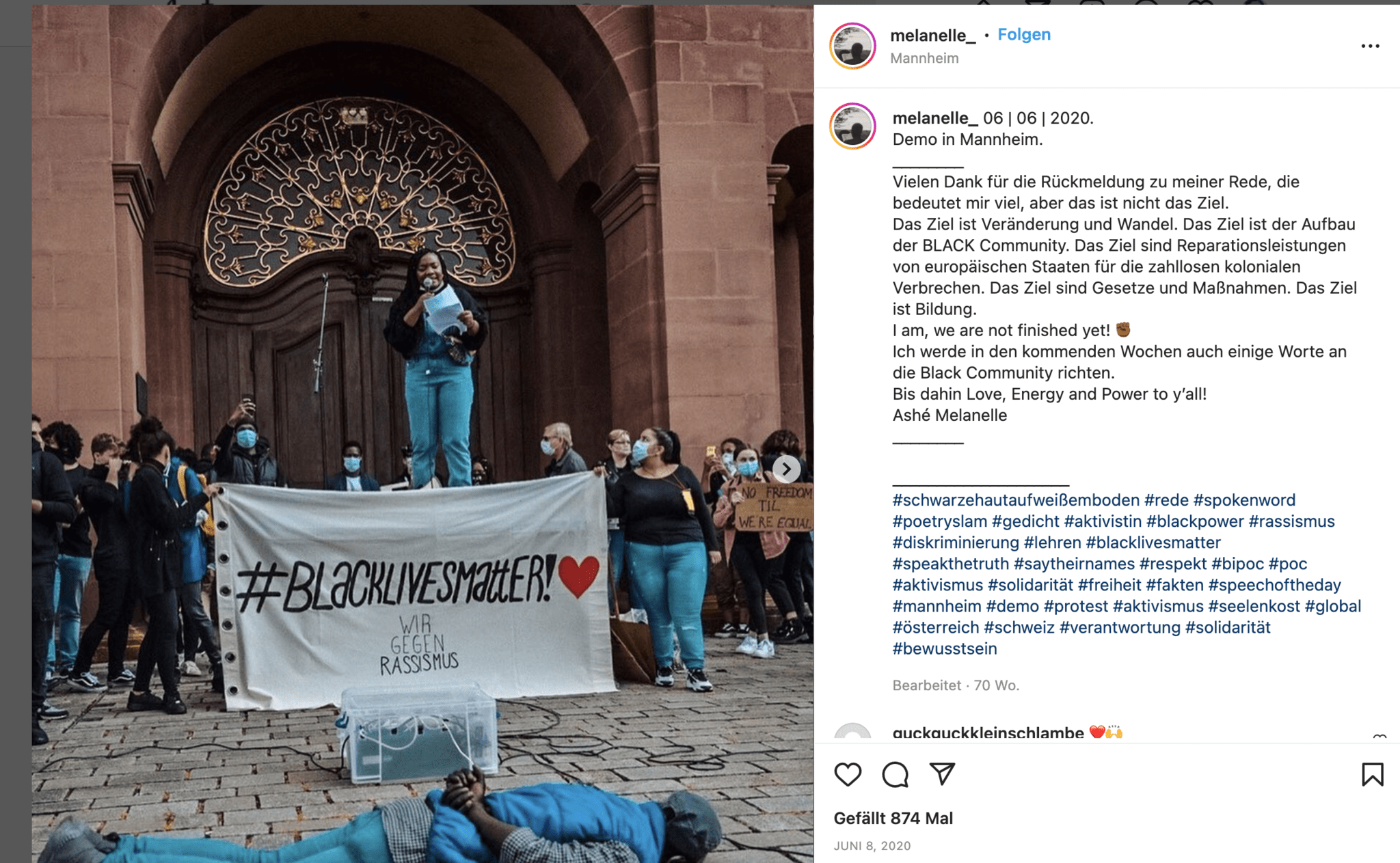 "Nach dem Tod von George Floyd habe ich gemerkt, dass ich nicht schweigen darf, sondern diese Situation nutzen muss, um zu Wort zu kommen", sagt die Aktivistin zu ihrer Rede im Juni 2020 in Mannheim (Foto: instagram.com/melanelle_).