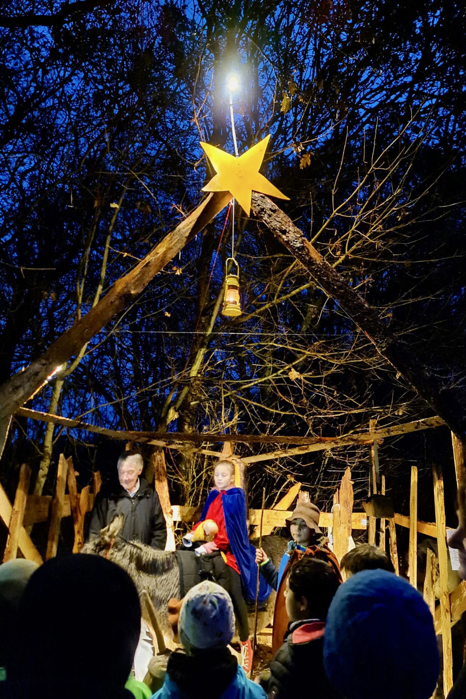Der aufgebaute Stall von Bethlehem mit Peter Johannsen, Maria und Joseph und Esel Lotte - Foto: F. Fintrup