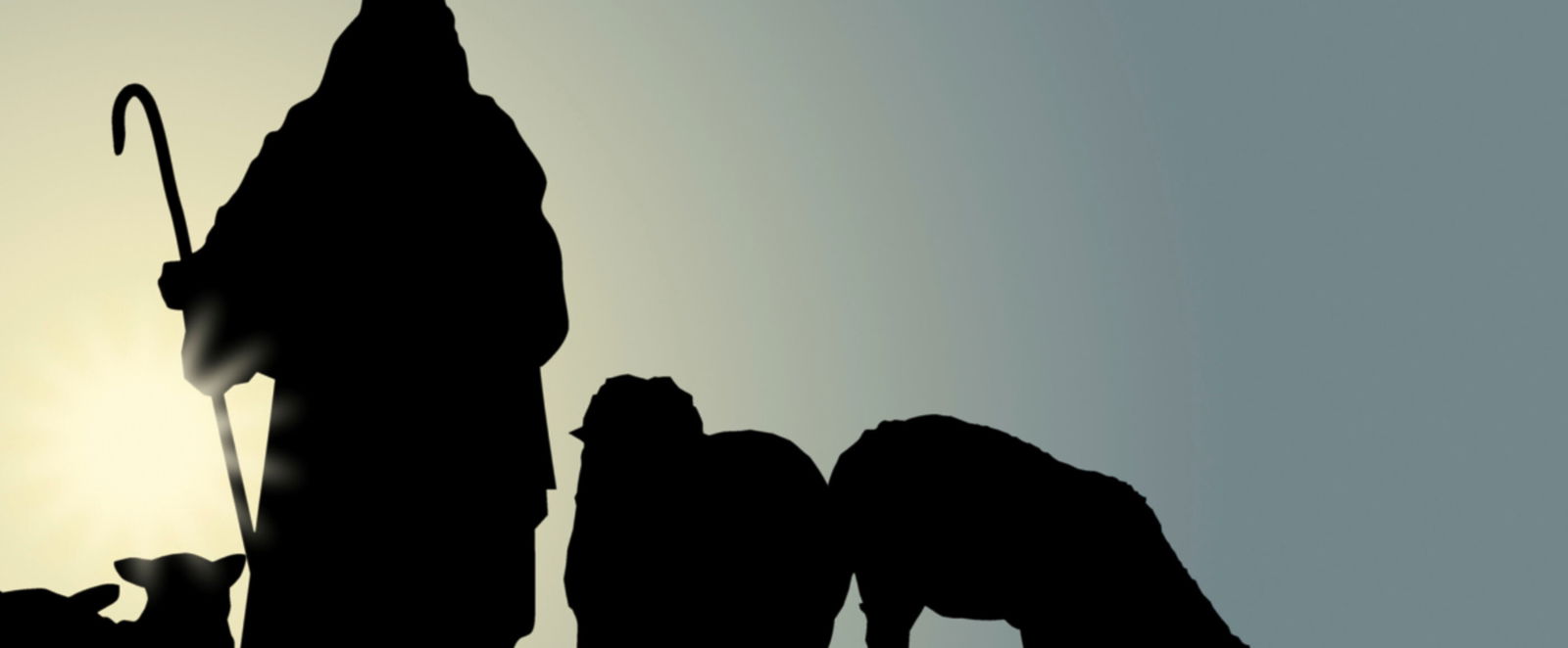 Eine Silhouette eines Schäfers mit Schafen.