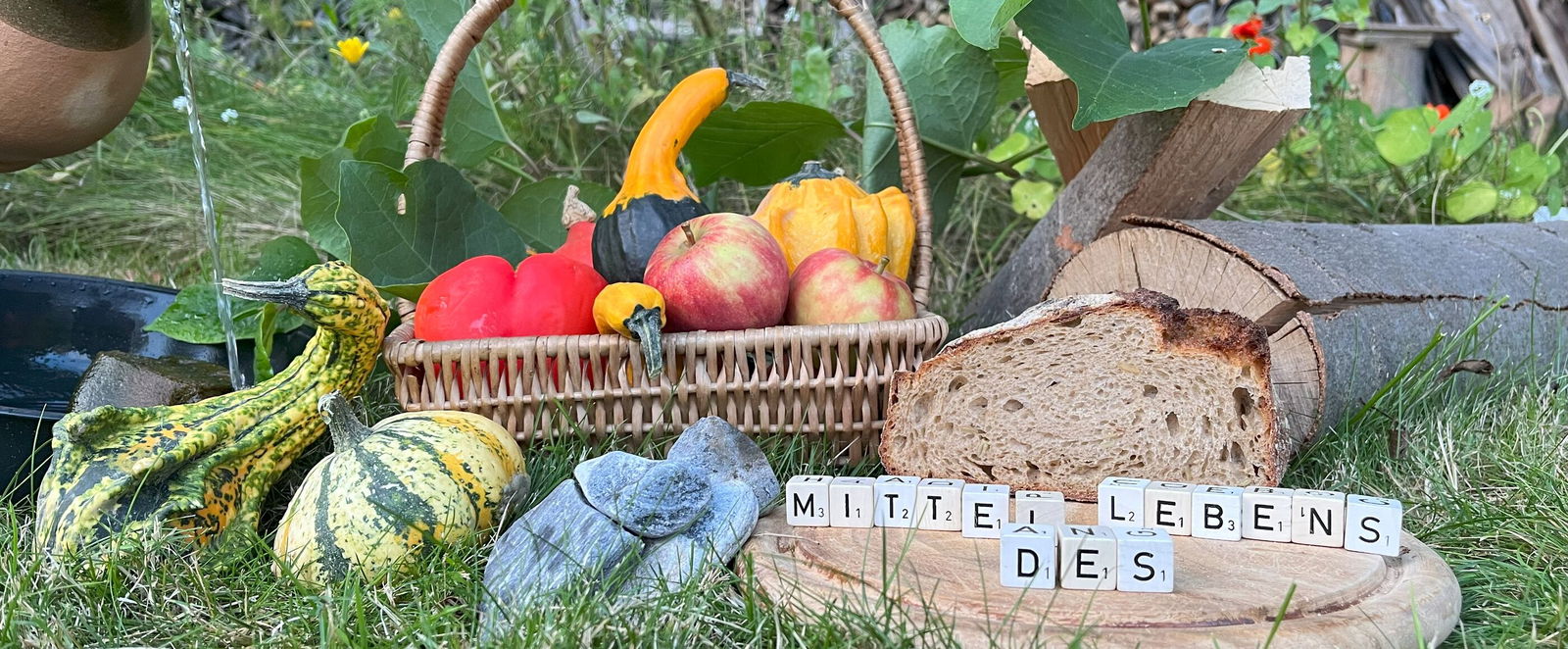 Ein Korb mit Obst und Gemüse, Kürbisse, ein Brot und ein Krug Wasser auf einer Wiese. Mit Scrabble-Würfeln sind die Worte Mittel des Lebens auf ein Brettgelegt.
