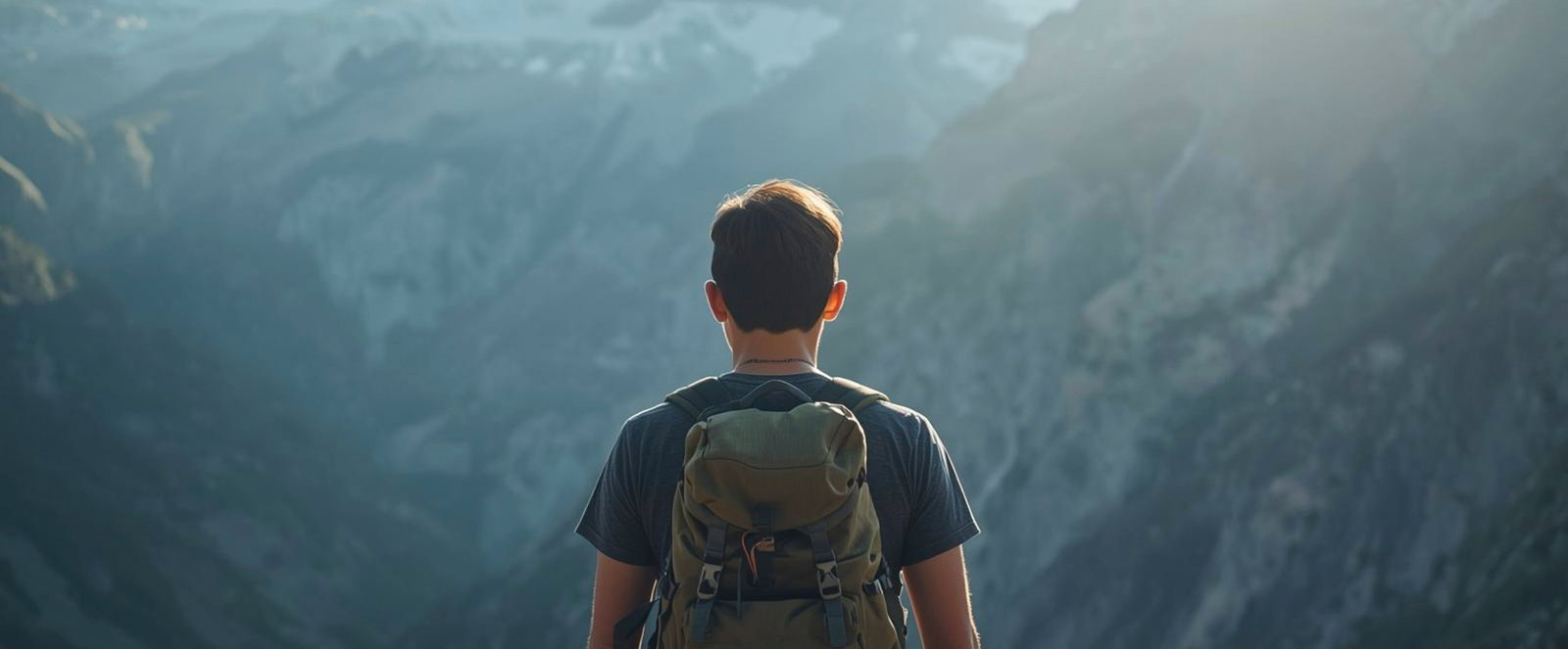 Eine Person schaut in ein Tal mit Bergen im Hintergrund
