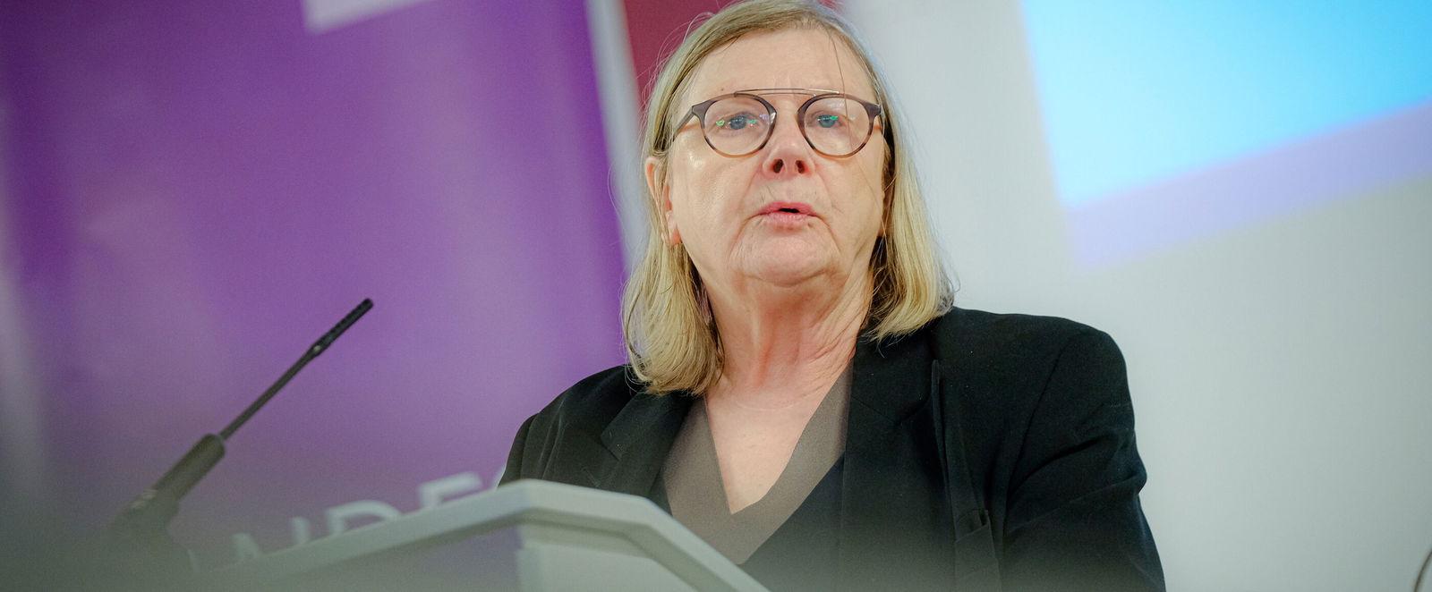 Eine weiblich lesbare Person an einem Rednerpult