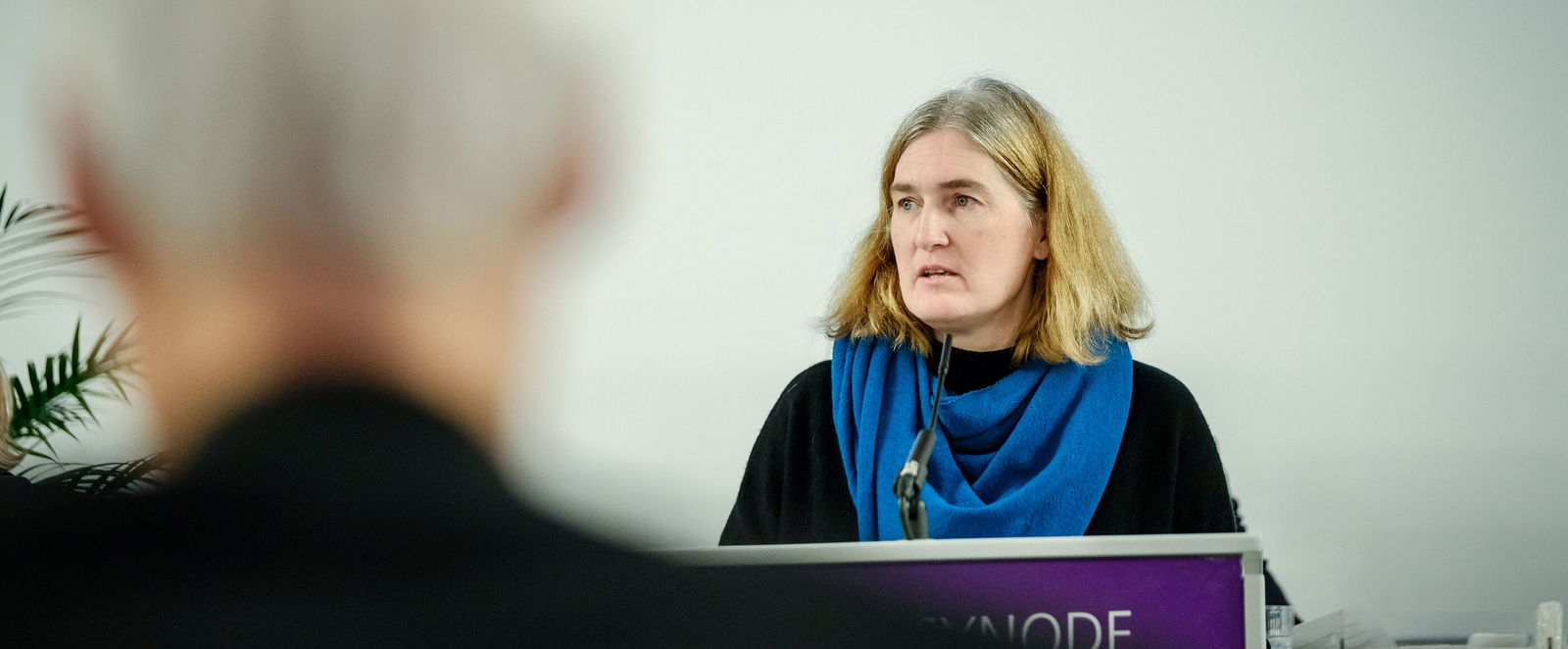 Eine weiblich lesbare Person steht am Podium und spricht.