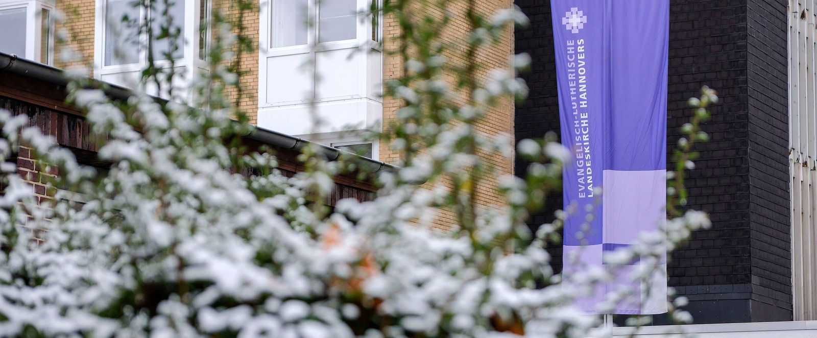Das Bild zeigt eine schneebedeckte Hecke und im Hintergrund die Fahne der Landessynode.