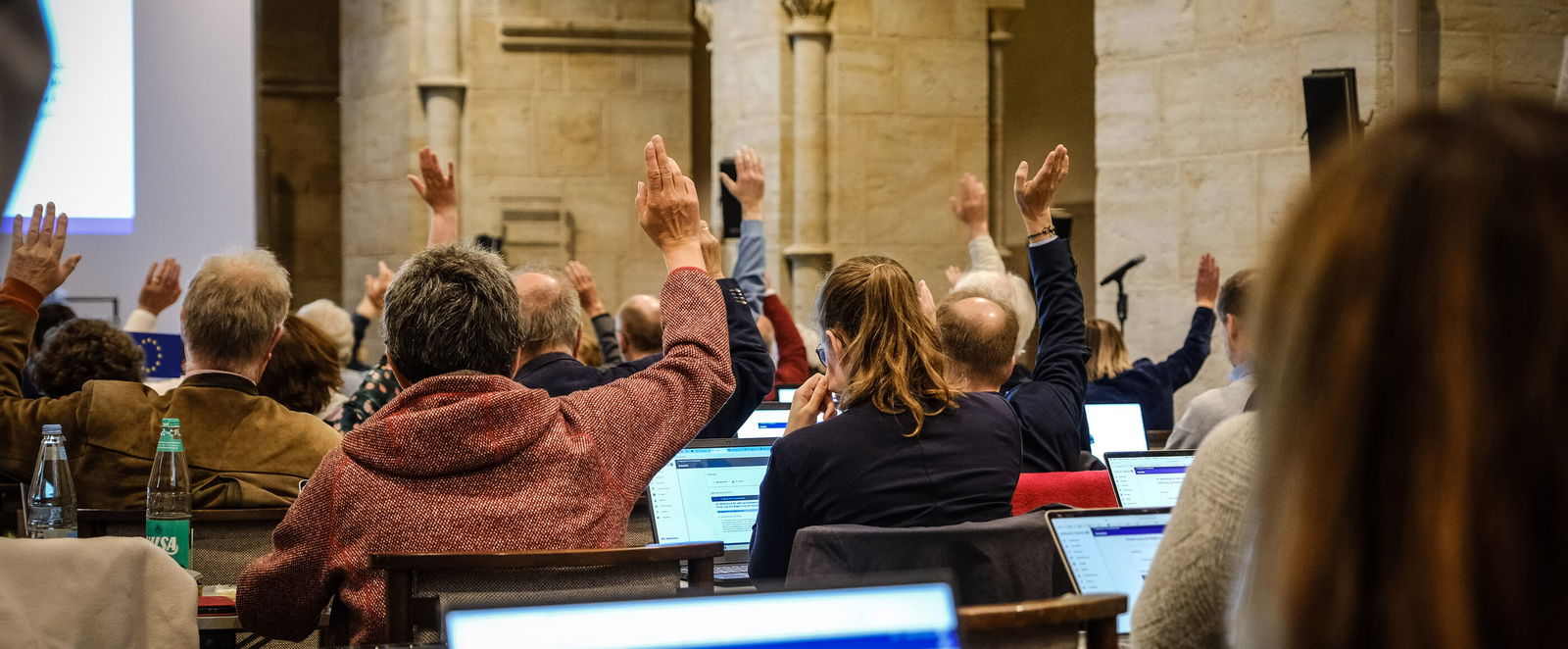 Mehrere Personen sitzen im Plenum und heben die Hand zur Abstimmung.