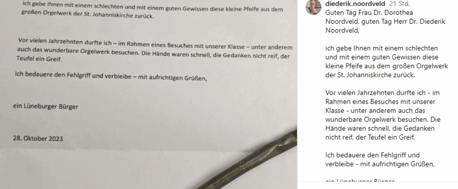 Ein mit dem Computer geschriebener Brief mit einer Orgelpfeife (Instagram-Post).