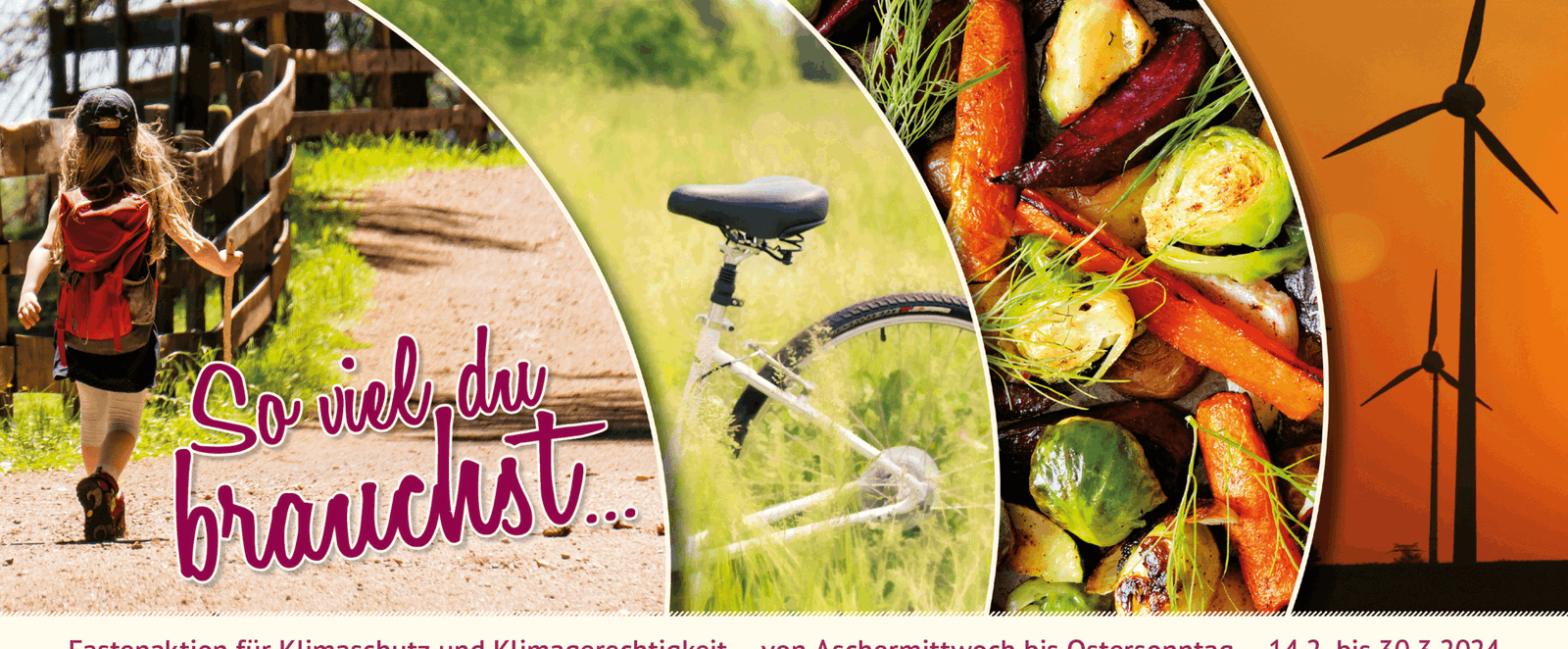 Eine Collage aus vier Bildern: Links läuft jemand mit Wanderschuhen und kurzer Kleidung einen Pfad entlang. Daneben ist ein Fahrrad zu sehen, das in hohem Gras steht. Daneben liegt buntes Gemüse durcheinander. Ganz rechts sind Windräder vor orange-rotem Himmel.