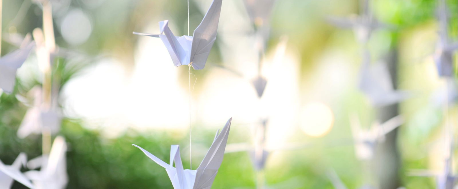 weiße Papierkraniche im Freien an einer Schnur