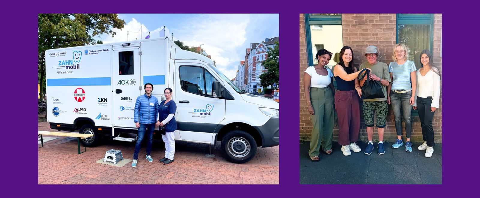 Eine Gruppe von Menschen vor einem mobilen Zahnartzwagen. Rechts eine Gruppe von Menschen vor einem Backsteingebäude.