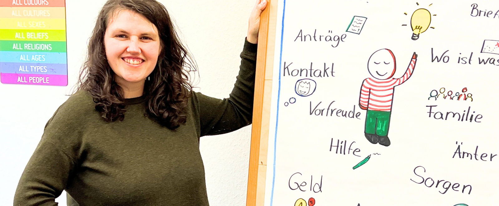 eine junge Frua vor einem Flipboard mit Zeichnungen darauf