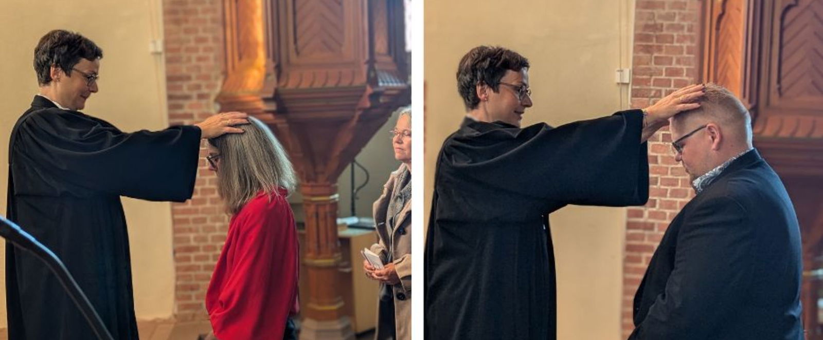 Zwei Bilder nebeneinander: Eine weiblich gelesene Person im Talar legt links einer weiblich gelesenen Person die Hände auf, rechts einer männlich gelesenen.