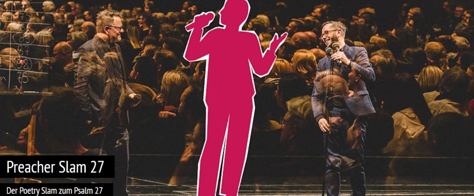 Eine rosane, nur umrissene Person steht vor einem großen Publikum.