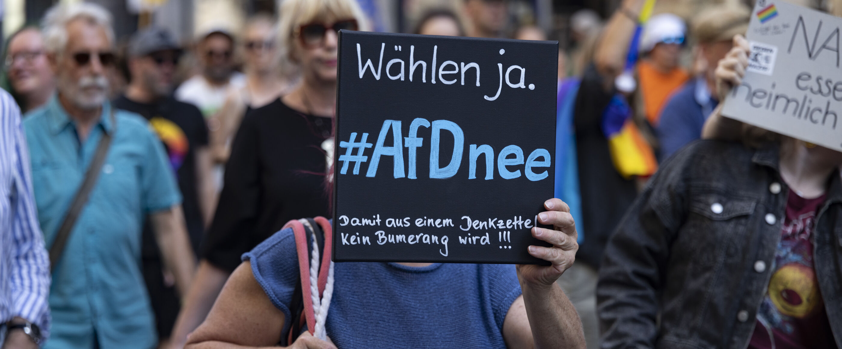 Eine Demonstration, bei der eine Person ein Schild mit der Aufschrift #AfDnee hält.