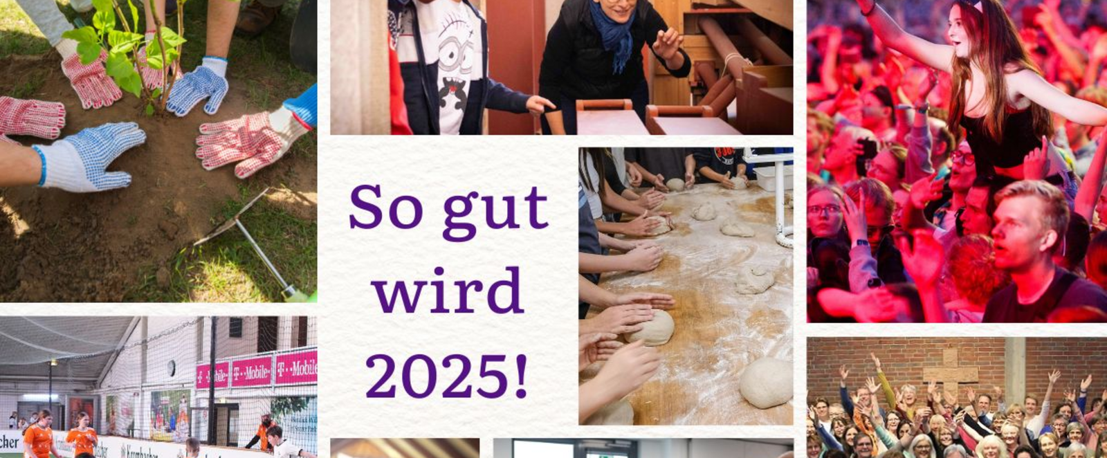 Mehrere Bilder in einer Collage: Hände pflanzen einen kleinen Baum, Kinder schauen auf auf die Rückseite einer Orgel, eine weiblich gelesene Person sitzt auf den Schultern einer anderen in einer Menschenmenge. Kinder spielen Fußball, zwei Personen singen, mehrere Menschen beugen sich über einen Tisch mit Zeitschriften, dutzende Menschen heben Arme und Posaunen in die Höhe.