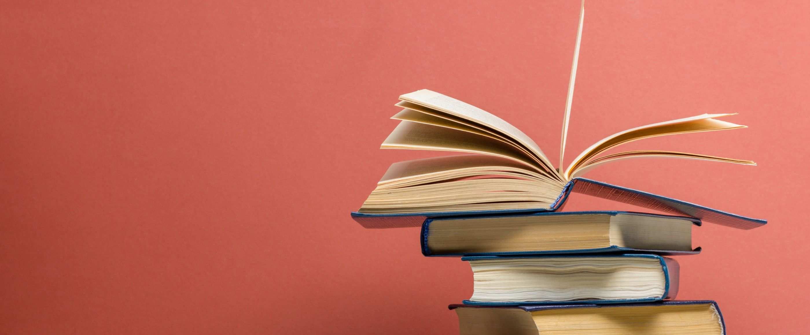 Ein Stapel Bücher, das oberste aufgeschlagen, vor einer roten Wand.