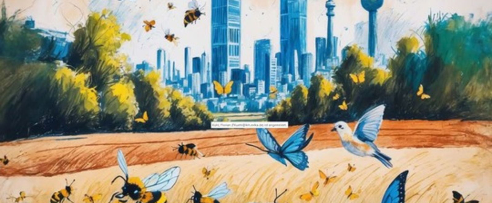 In gezeichnetem Stil ist ein Feld mit Schmetterlingen und Bienen zu sehen, dahinter eine Stadt mit Wolkenkratzern.
