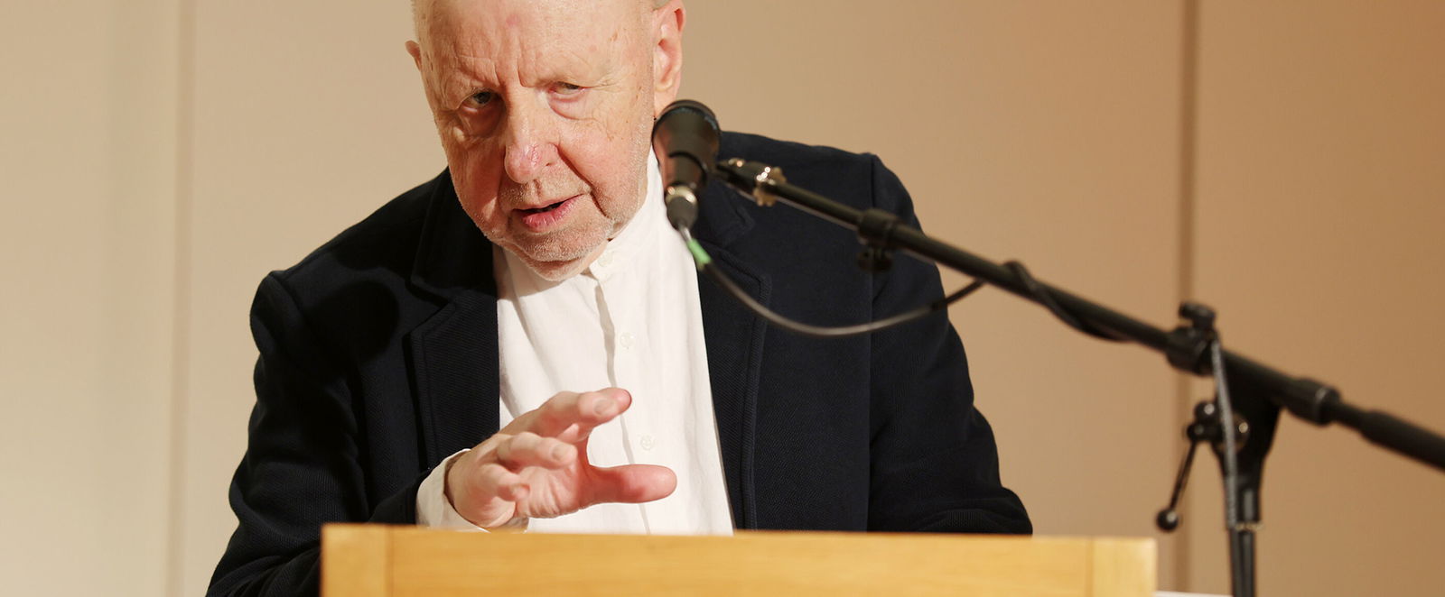 Eine ältere als Mann lesbare Person steht an einem Rednerpult und spricht in ein Mikrofon.