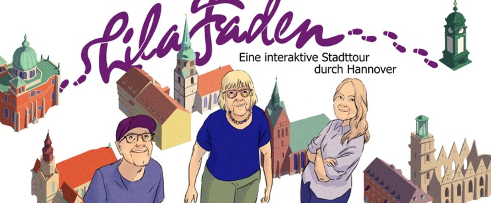 Im Comicstil sind drei Personen zu sehen, die zwischen Gebäuden stehen, Kirchen und einem Gebäude mit Kuppel.