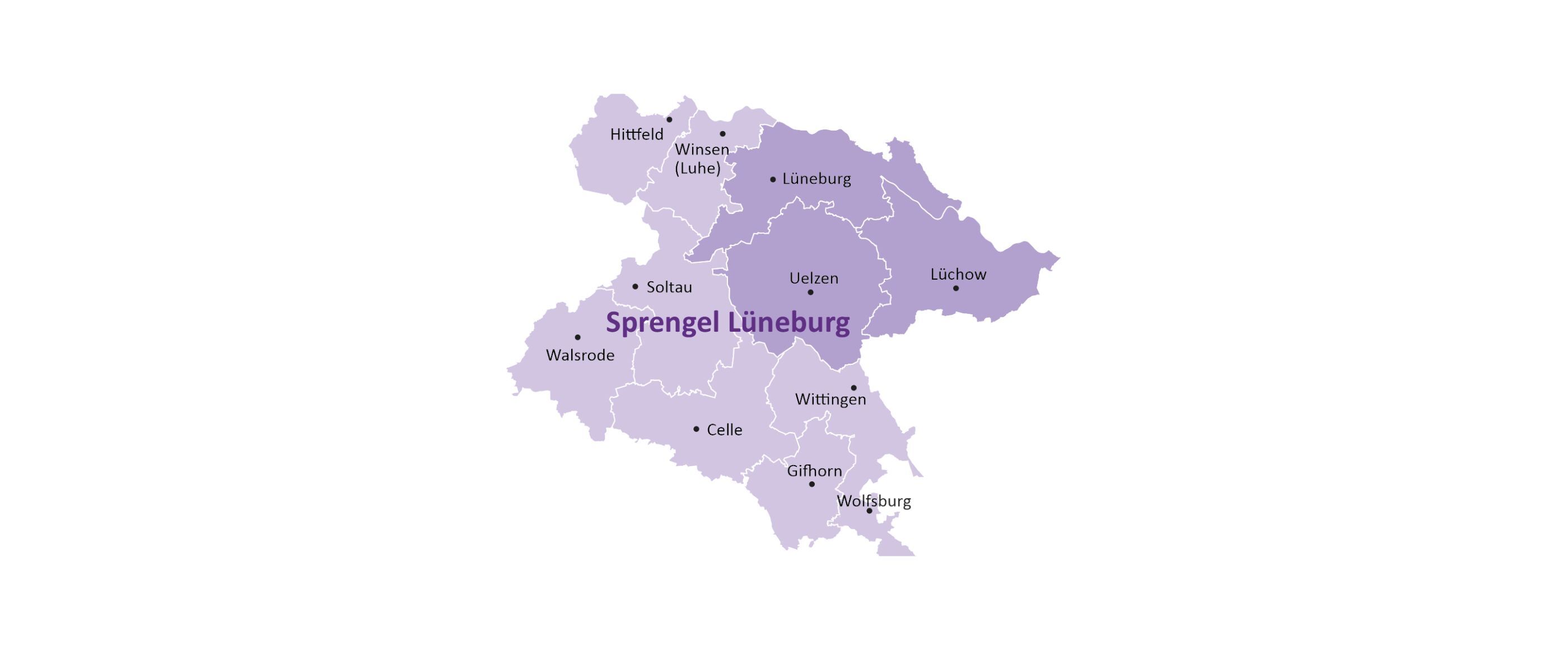 Umriss des Sprengels Lüneburg, in dem die Kirchenkreise eingezeichnet sind.