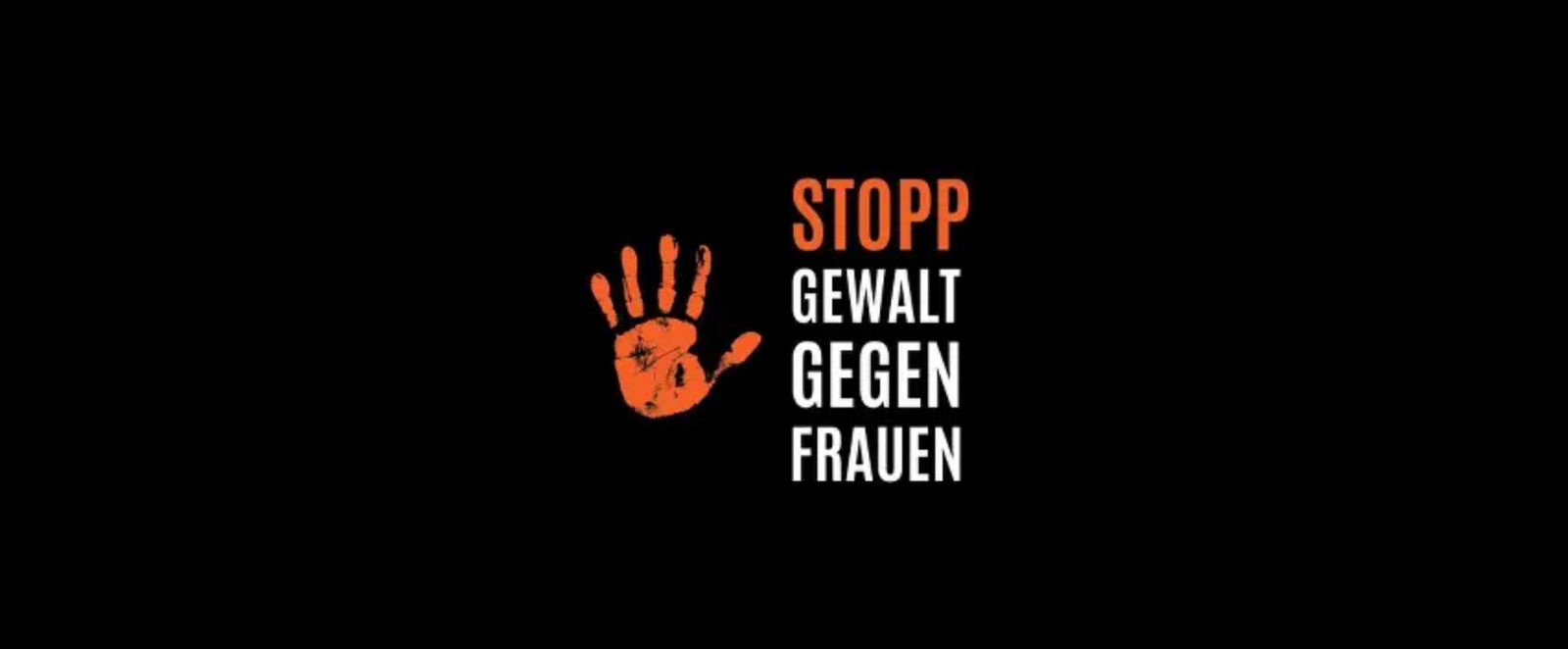 Eine orangener Handabdruck auf schwarz, daneben steht: Stopp! Gewalt gegen Frauen