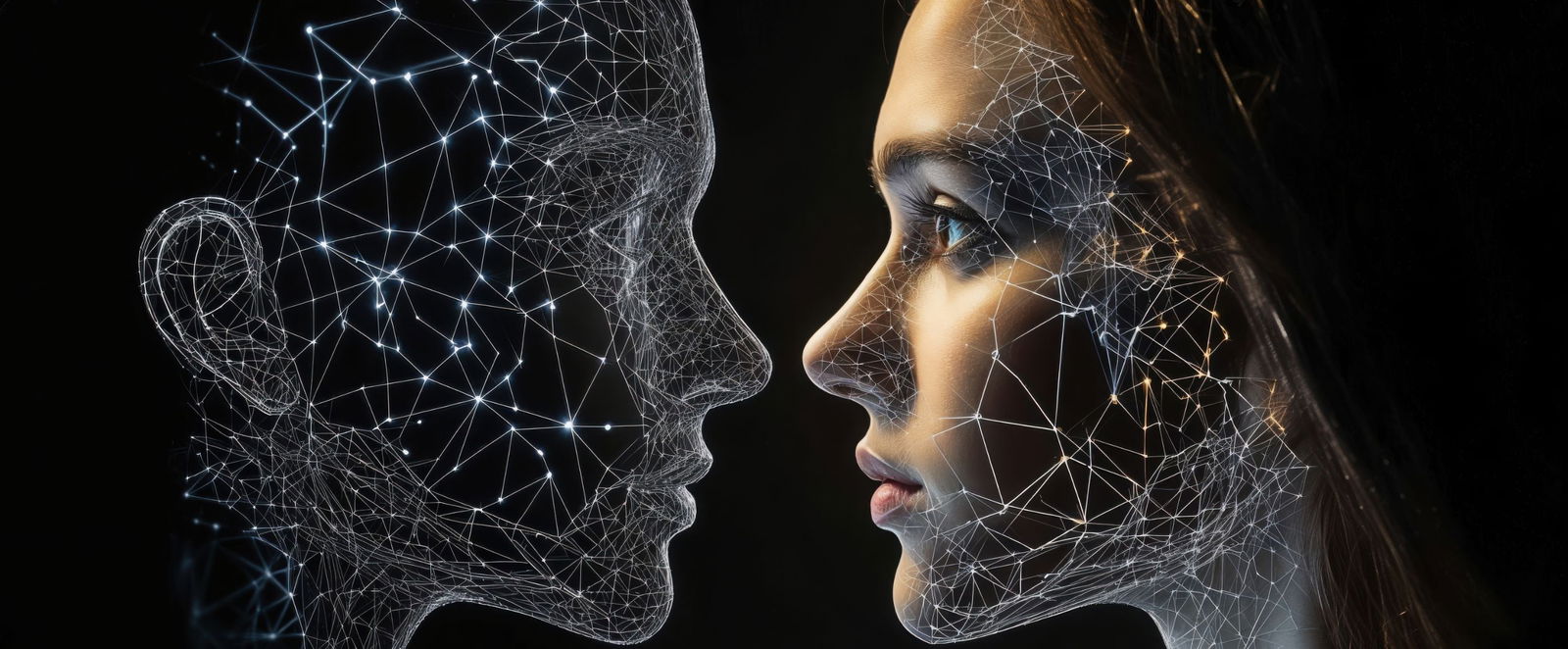 Ein Mensch und eine Maschine schauen sich an und sind vernetzt.