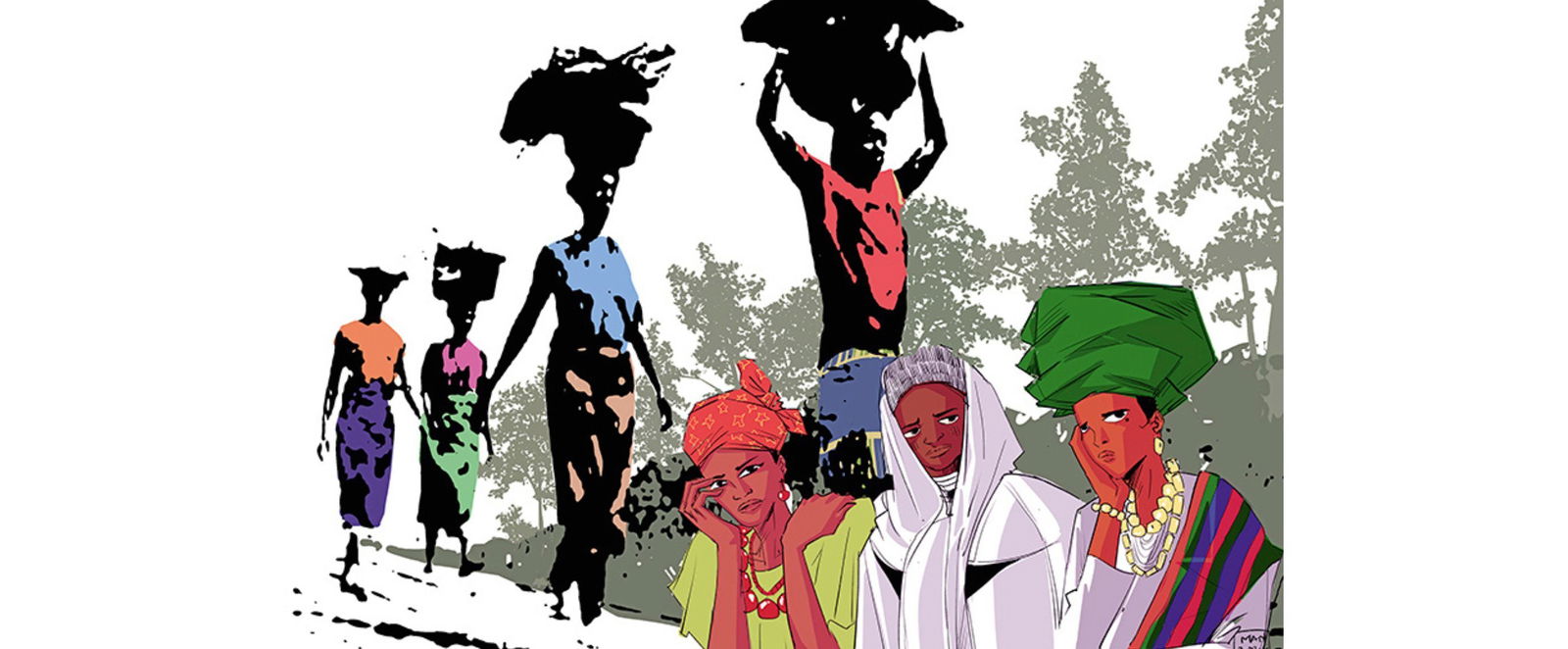 Eine Gruppe von Menschen in traditioneller afrikanischer Kleidung steht in einer Landschaft.