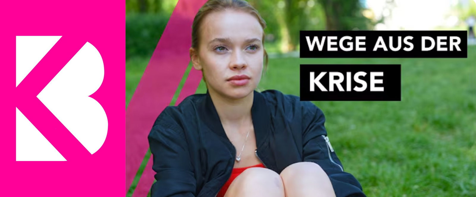 Das Logo der Basiskirche, daneben sitzt eine Frau auf einer Wiese, daneben steht: Wege aus der Krise.