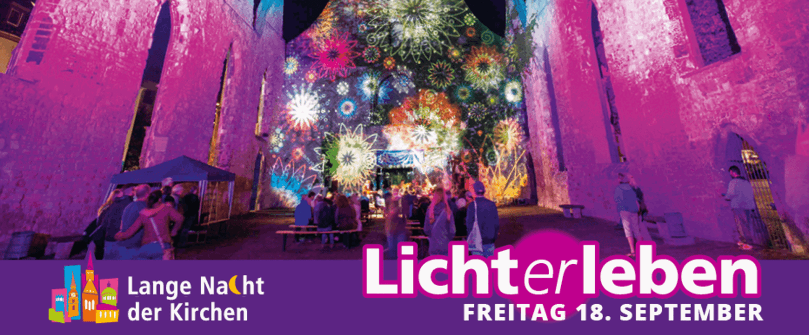 Banner mit Lichtinstallation und der Aufschrift Lichterleben