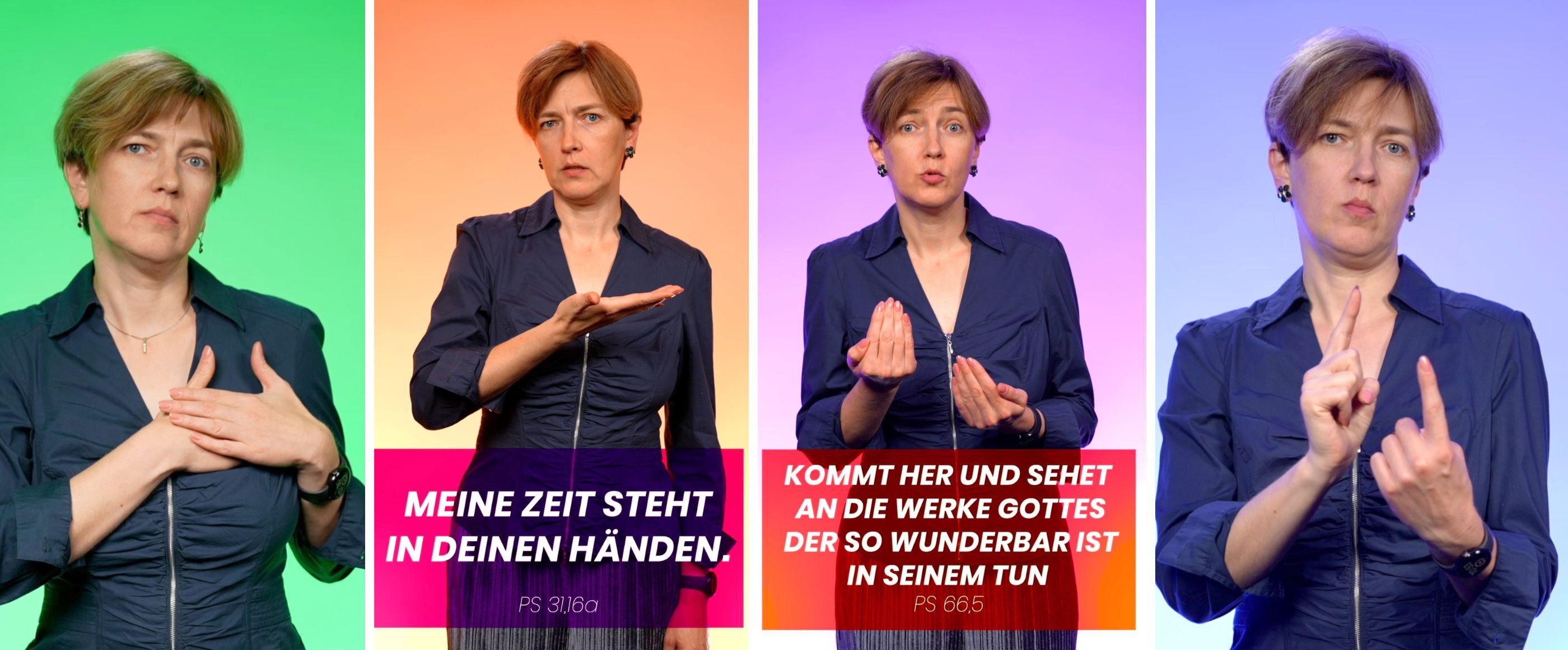 Eine weiblich gelesene Person ist in vier Posen zu sehen, beim gebärden.