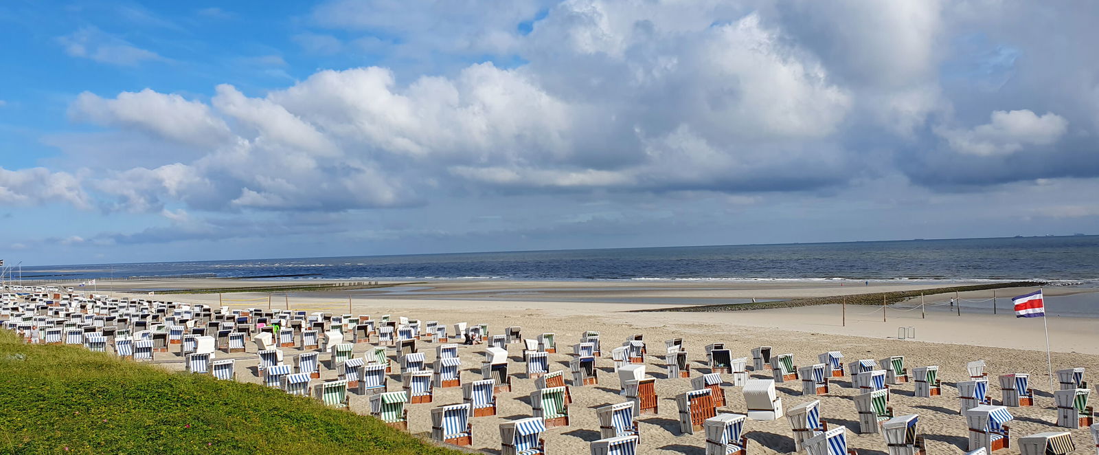 Strandkörbe an einem Strand neben Grünfläche und Meer.