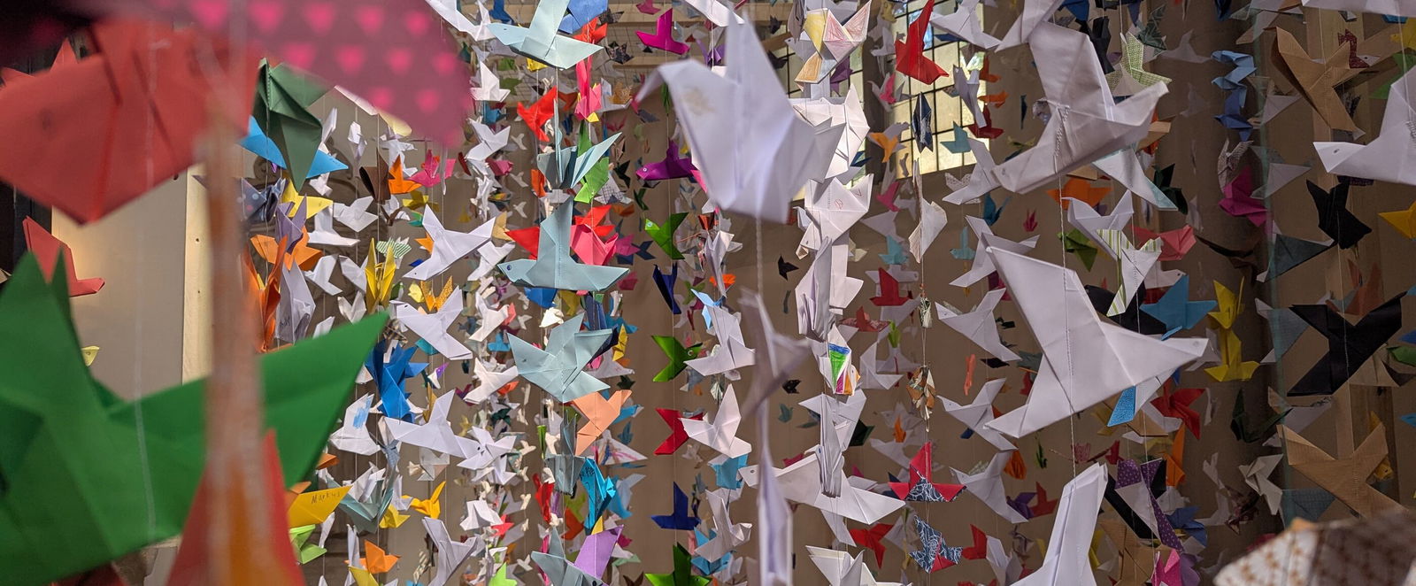 Viele bunte Tauben, aus Papier gefaltet, hängen al langen Schnüren von einer Kirchendecke.