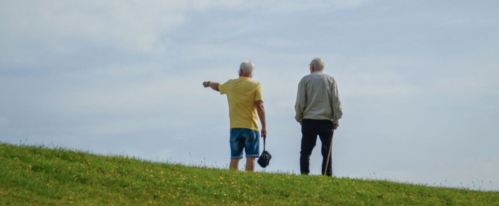 Zwei männlich gelesene Personen stehen auf einer grünen Düne, eine Person zeigt auf etwas in der Ferne.