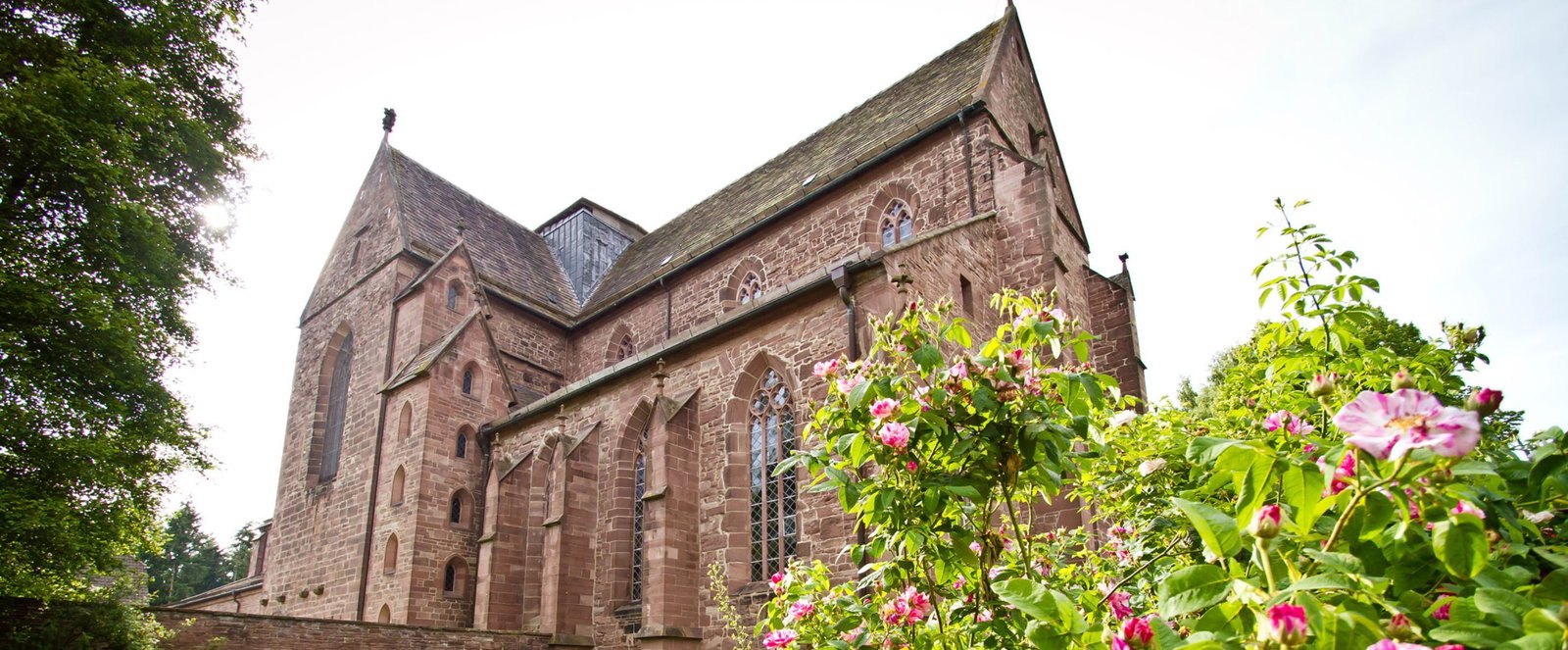 Eine Kirche hinter einem Rosenbusch.