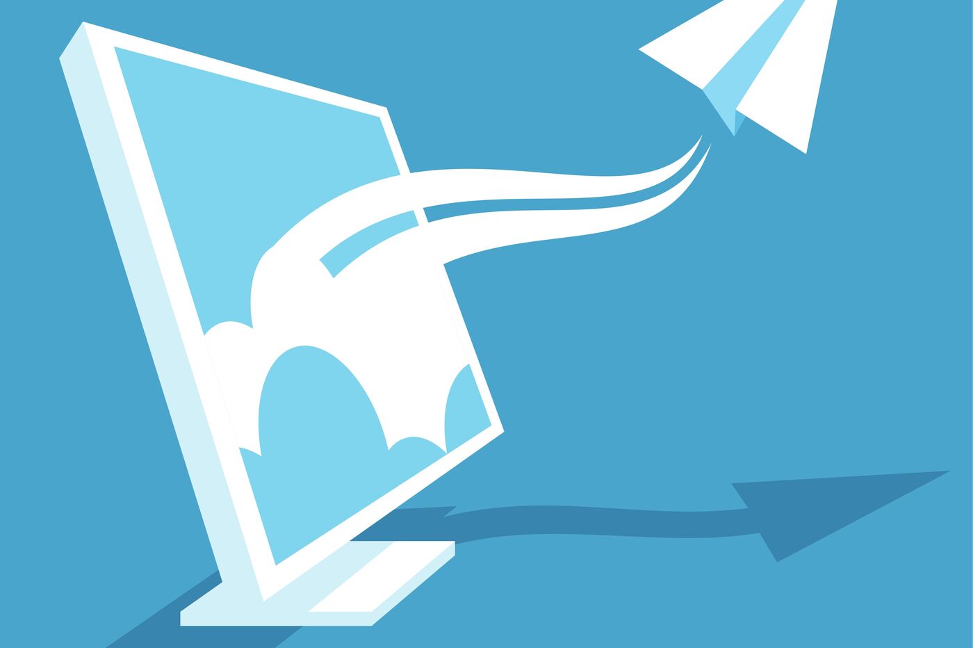 Grafik; ein Papierflieger fliegt aus einem Computermonitor; Freiflug; Aufbruch; neue Freiheit; Bild für Exnovation 