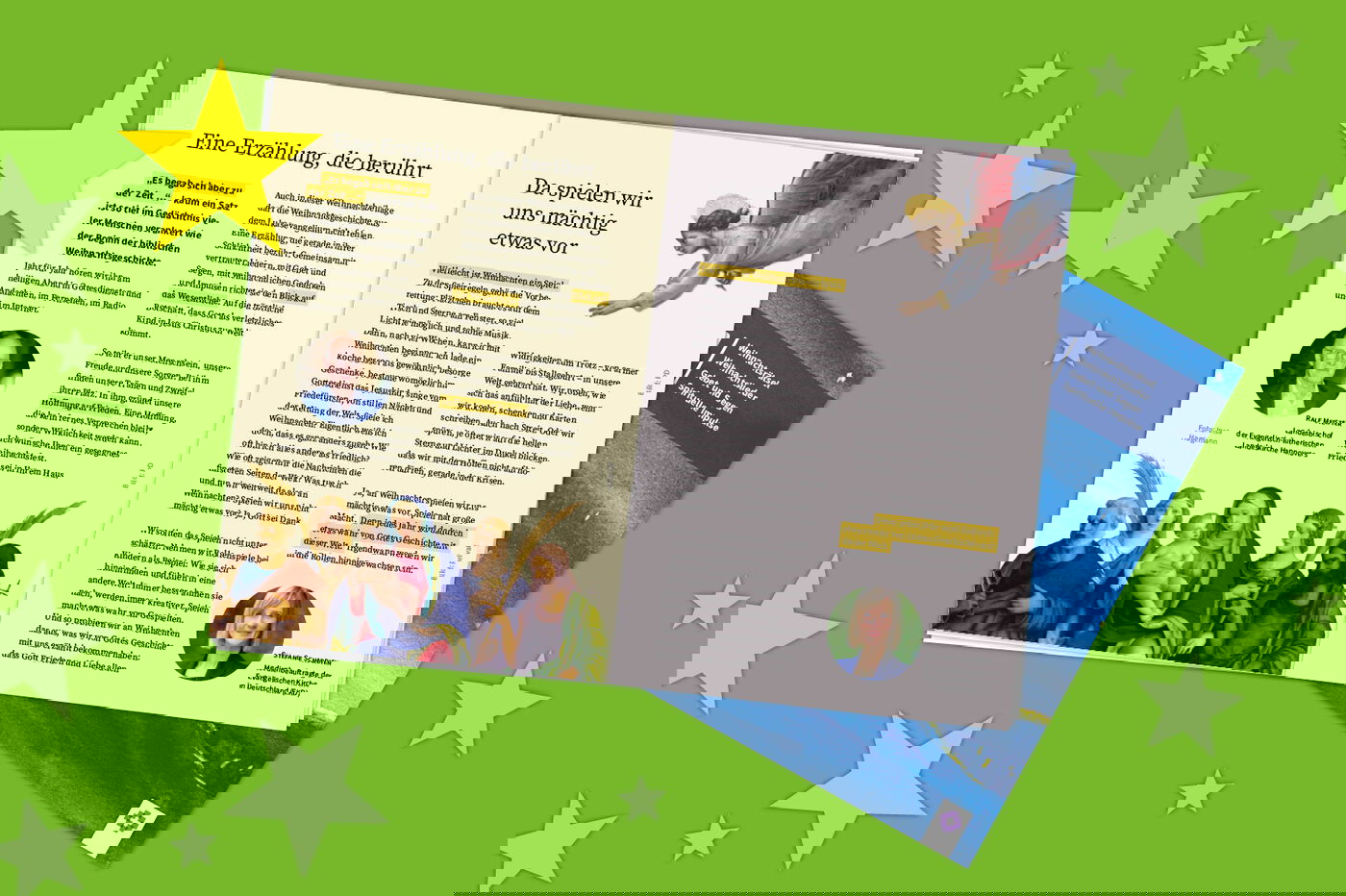 Ein Magazin vor einem grünem Hintergrund mit Sternen.