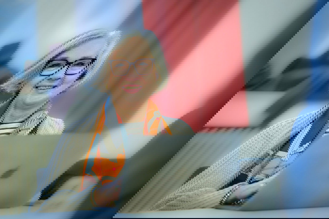 Eine weiblich gelesene Person mit mittellangen, grauen Haaren und buntem Halstuch sitzt an einem Laptop.