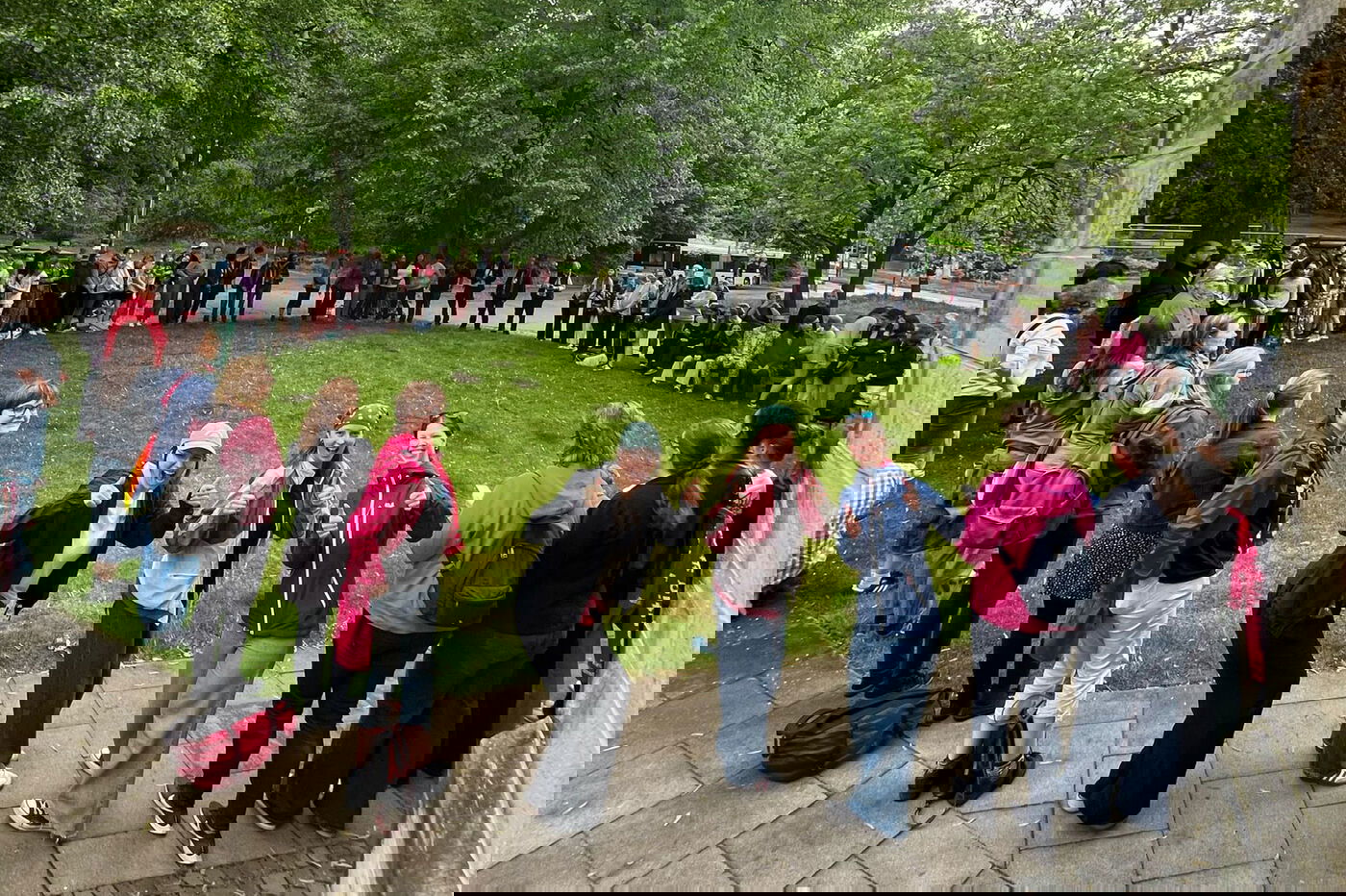 Eine große Gruppe Jugendlicher steht auf einer Wiese im Kreis.