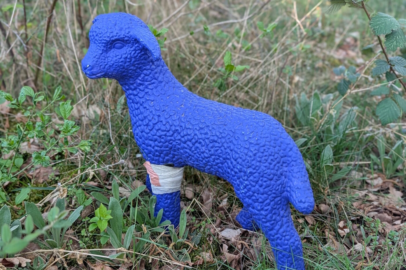 Ein blaues Schaf aus Kunststoff mit einem Verband um das linke Vorderbein.