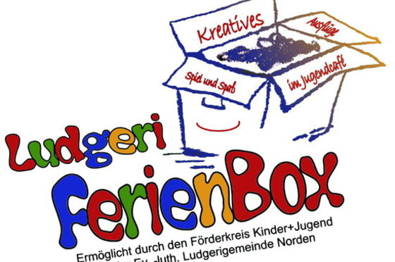 Ein Karton, neben dem in bunten Buchstaben steht: Ludgeri Ferienbox.