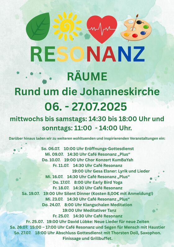 Ein Plakat, auf dem ein Blatt, eine Sonne, ein Herz und eine Malpalette zu sehen sind. Darunter stehen viele Termine.