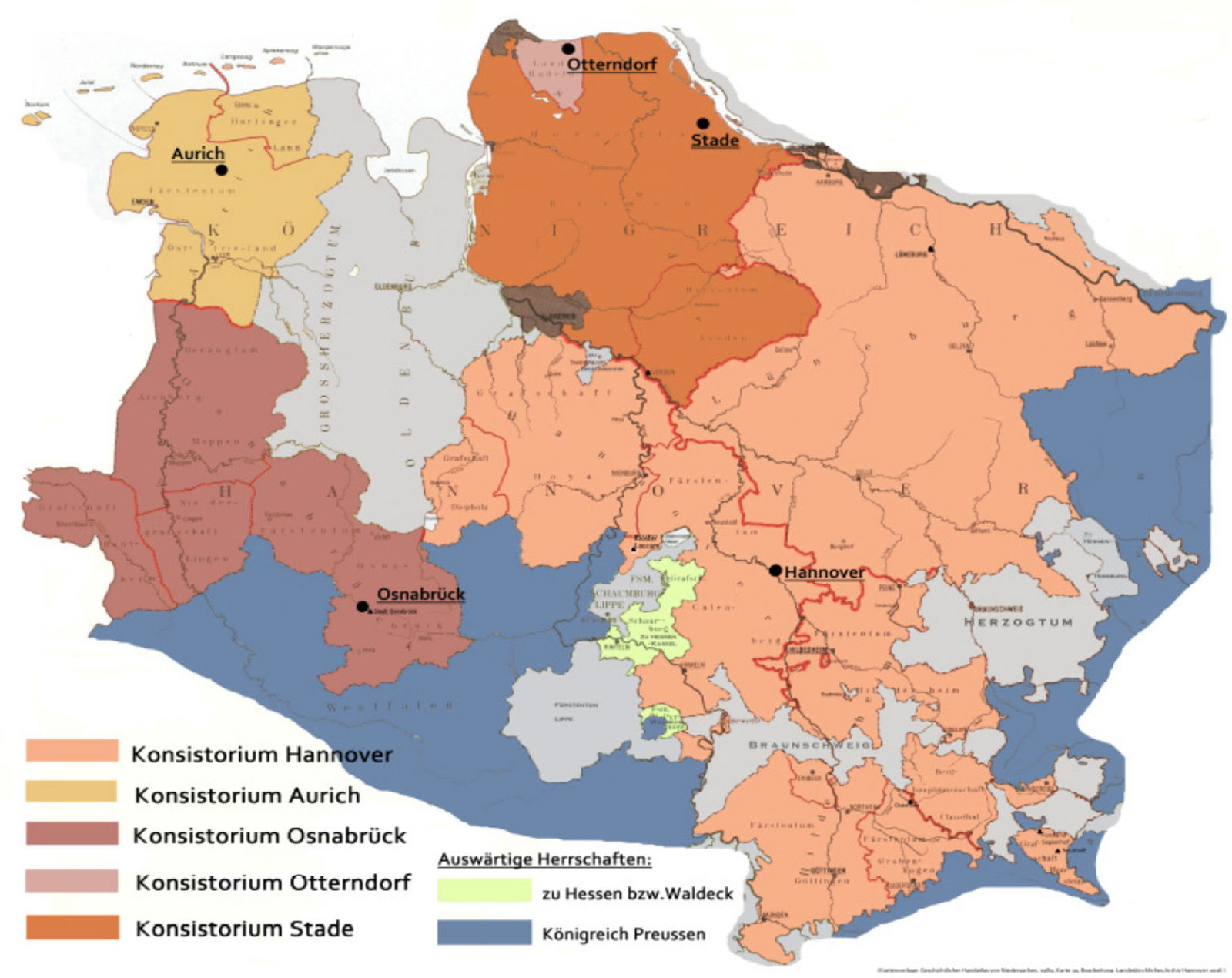 Das Bild zeigt eine Karte der Konsistorialbezirke im Königreich Hannover 1848 – 1866.