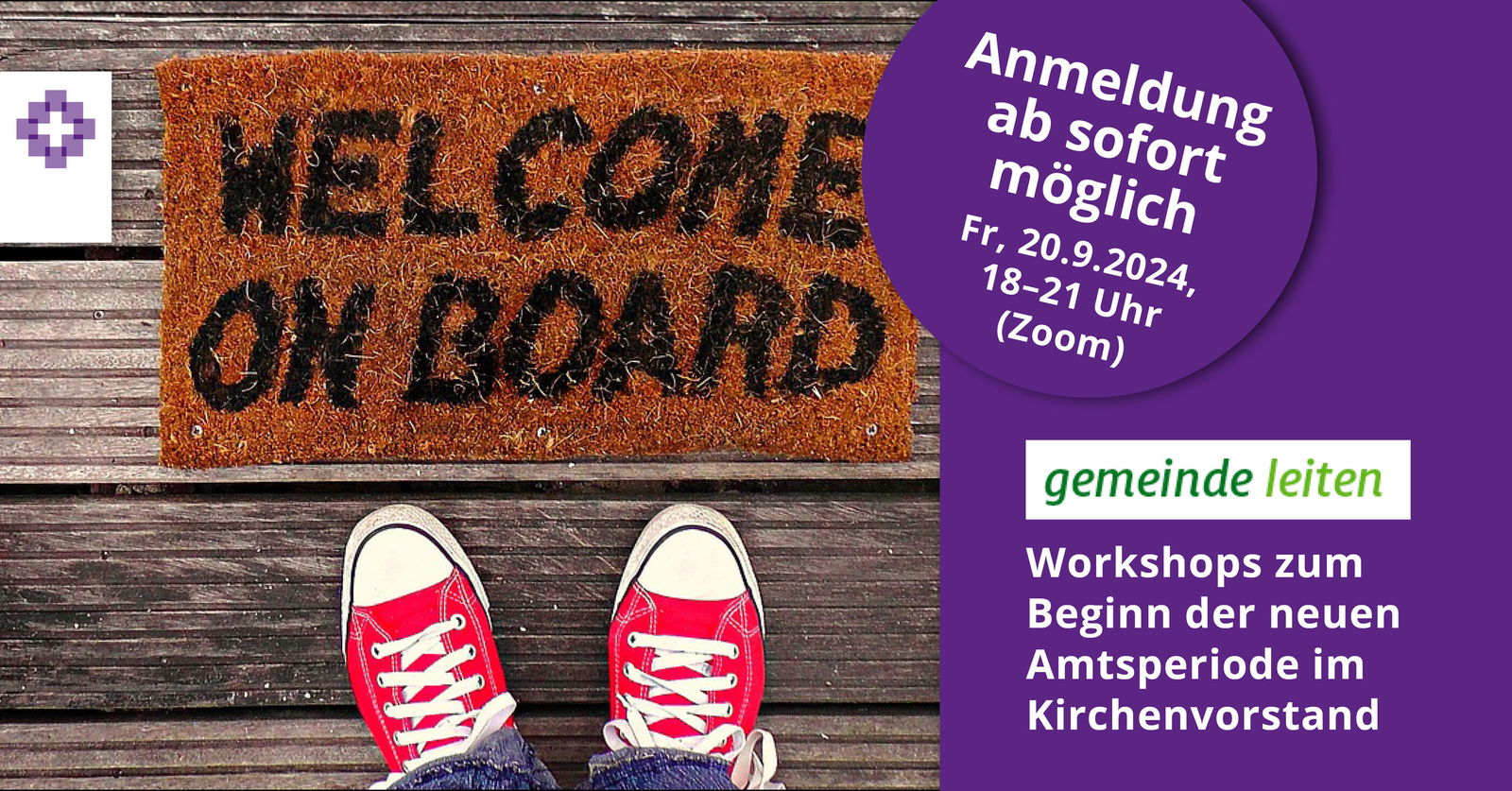 Rote Chucks (Schuhe) stehen vor einer Fußmatte, auf der "Welcome on board" steht. Rechts steht  weiß auf einer lila Fläche: "Anmeldung ab sofort möglich - Freitag, 21. September, 18-21 Uhr"