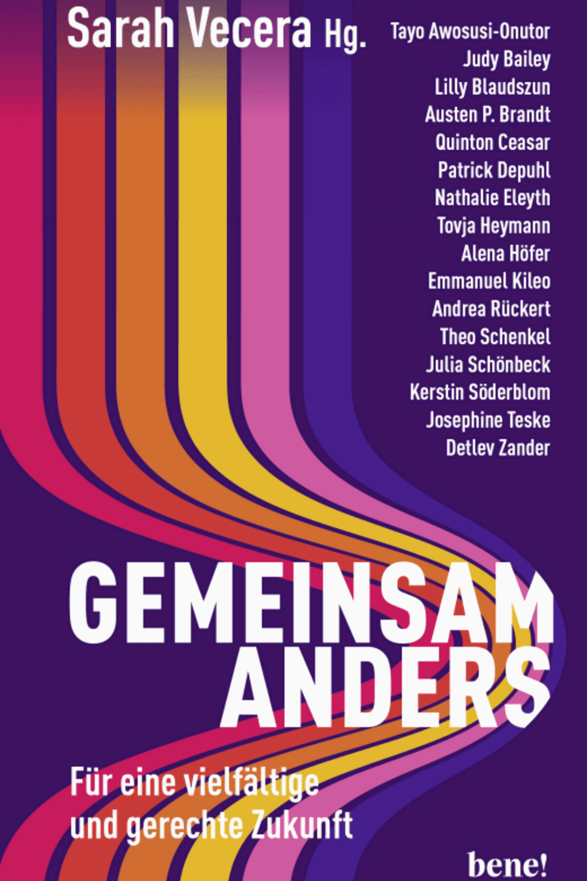 Ein Buch-Cover mit bunten Streifen auf lila.