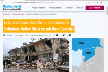 Die Diakonie Katastrophenhilfe bittet auf ihrer Website um Spenden für die Erdbebenopfer.