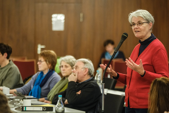 Eine weiblich lesbare Person mit Brille, kurzen blonden Haaren in einem roten Pullover steht im Plenum vor einem Mikrofon.