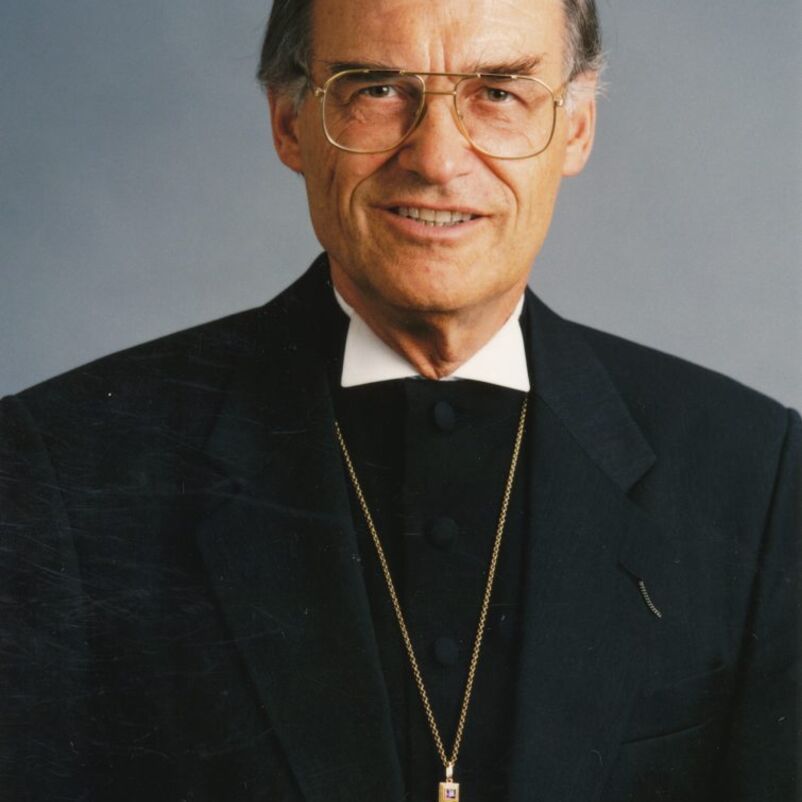 Das Bild zeigt eine männlich lesbare Person im Talar und mit einer Kette mit Kreuz um den Hals. Die Person hat kurze dunkle Haare und trägt eine Brille.