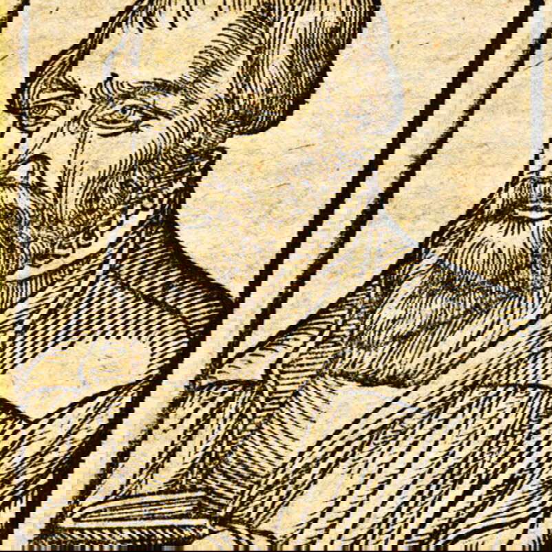 Das Bild zeigt einen Stich einer männlich lesbaren Person mit Bart und im Talar, in der Hand hält die Person ein Buch.