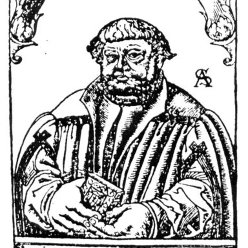 Das Bild zeigt einen Stich in Schwarzweiß von einer männlich lesbaren Person mit einem Talar historischer Art.