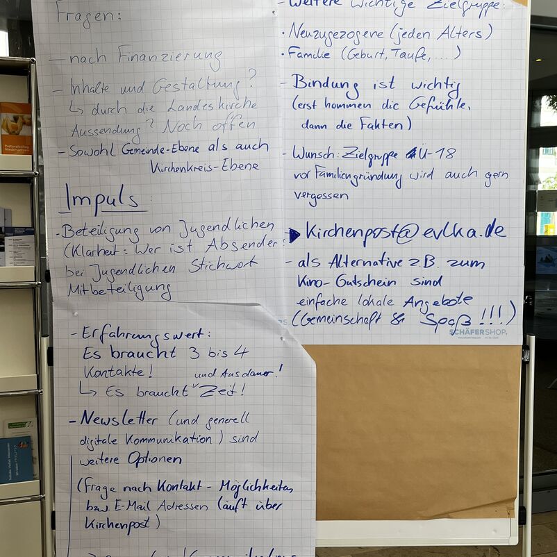 An einer Pinnwand hängen weiße Plakate mit Stichpunkten.